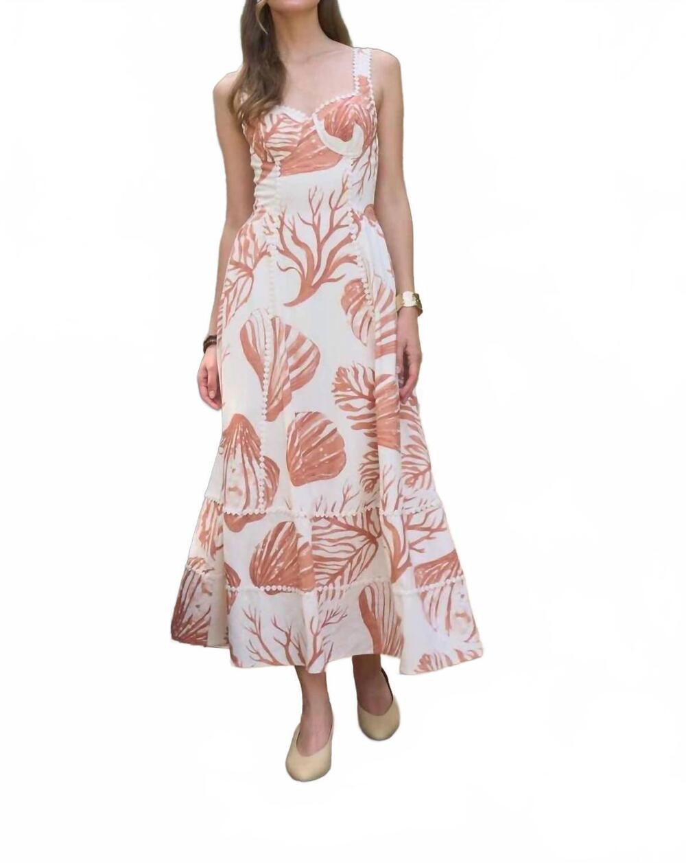 NEW MOON RIVER seashell motif lace trim sleeveless midi dress in cream multi